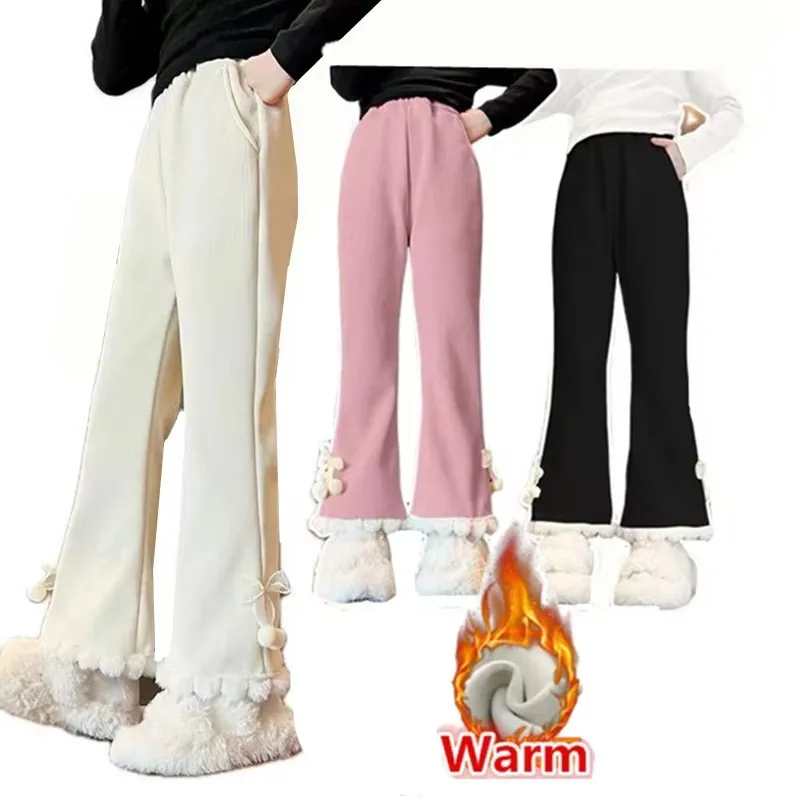 

Cute Kids Winter Corduroy Lined Flare Pants For Girl Slim Fit Insulated Boot Cut Trousers Child Casual Thicken Thermal Sweatpant