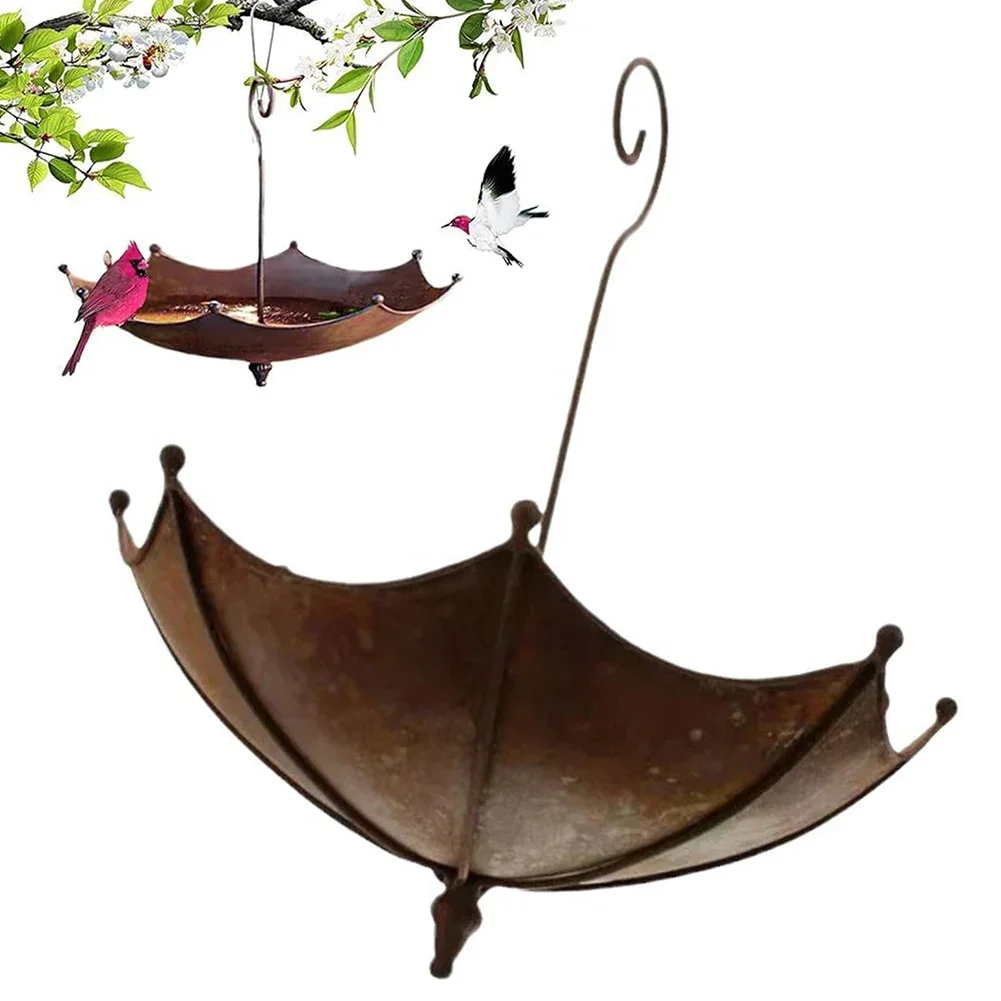 Umbrella Bird Feeder Hanging Water Tray Bird Bath Bird Food Bowl Iron Garden Decoration For Outdoor Lawn Yard Courtyard Porch