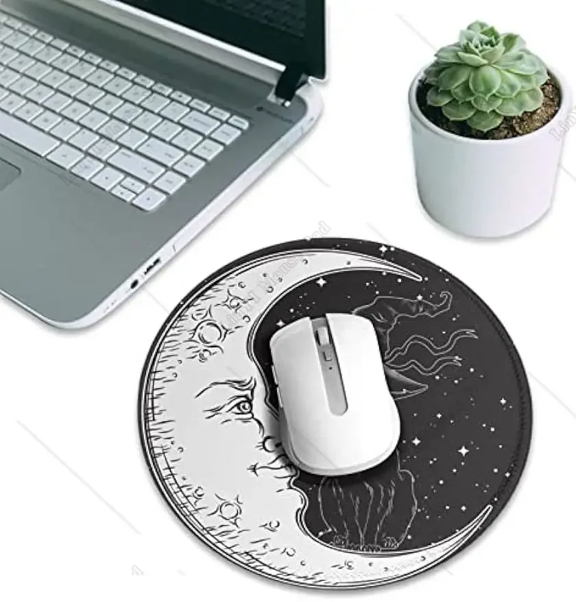 Black Cat Moon Funny Round Mouse Pad Premium Textured Mouse Mat Mousepads with Stitched Edges Non Slip Rubber Base 7.9 x 7.9 In