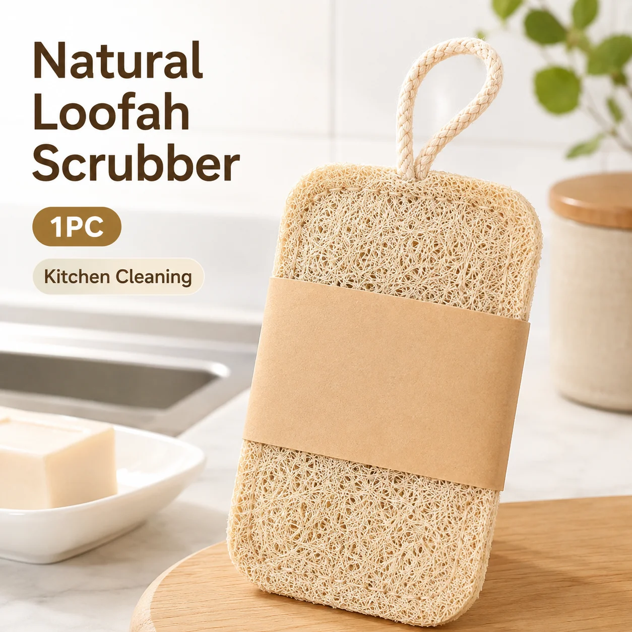 Natural Loofah Dish Scrubber, Kitchen Cleaning Sponge Brush for Washing Dishes, Pots and Pans, Durable Plant Fiber Scrubbing Pad with Hanging Loop, Reusable Household Cleaning Tool for Kitchen Sink, Tableware and Daily Washing