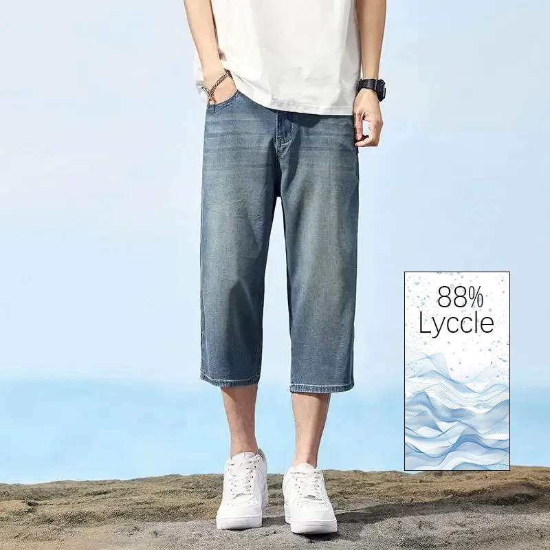 

Джинсы из лиоцелла в стиле ретро, потертые синие джинсовые шорты с молнией, брюки большого размера, прямой крой, винтажная уличная одежда, повседневные капри, джинсы