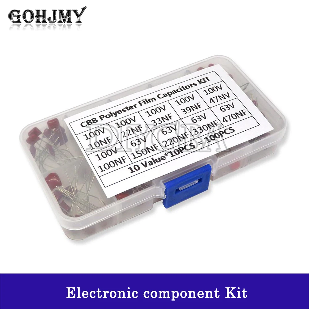 100PCS Metallized Polyester Film Capacitors 10nF~470nF Assortment Kit High precision and stability samples CBB capacitor set