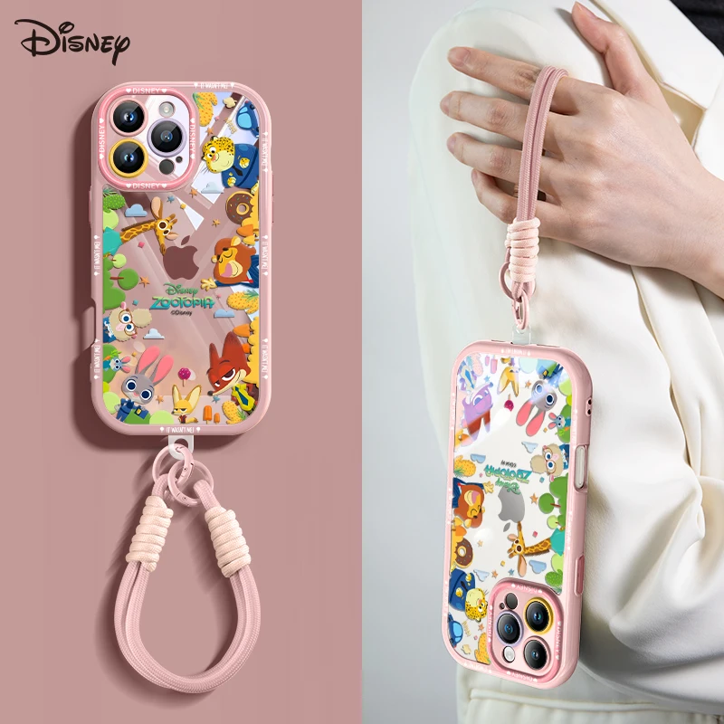 

Disney New Hot Iphone 16 Promax Case Cute Crazy Zootopia Transparent Protective Cover Hanging Rope For Male And Female Couples