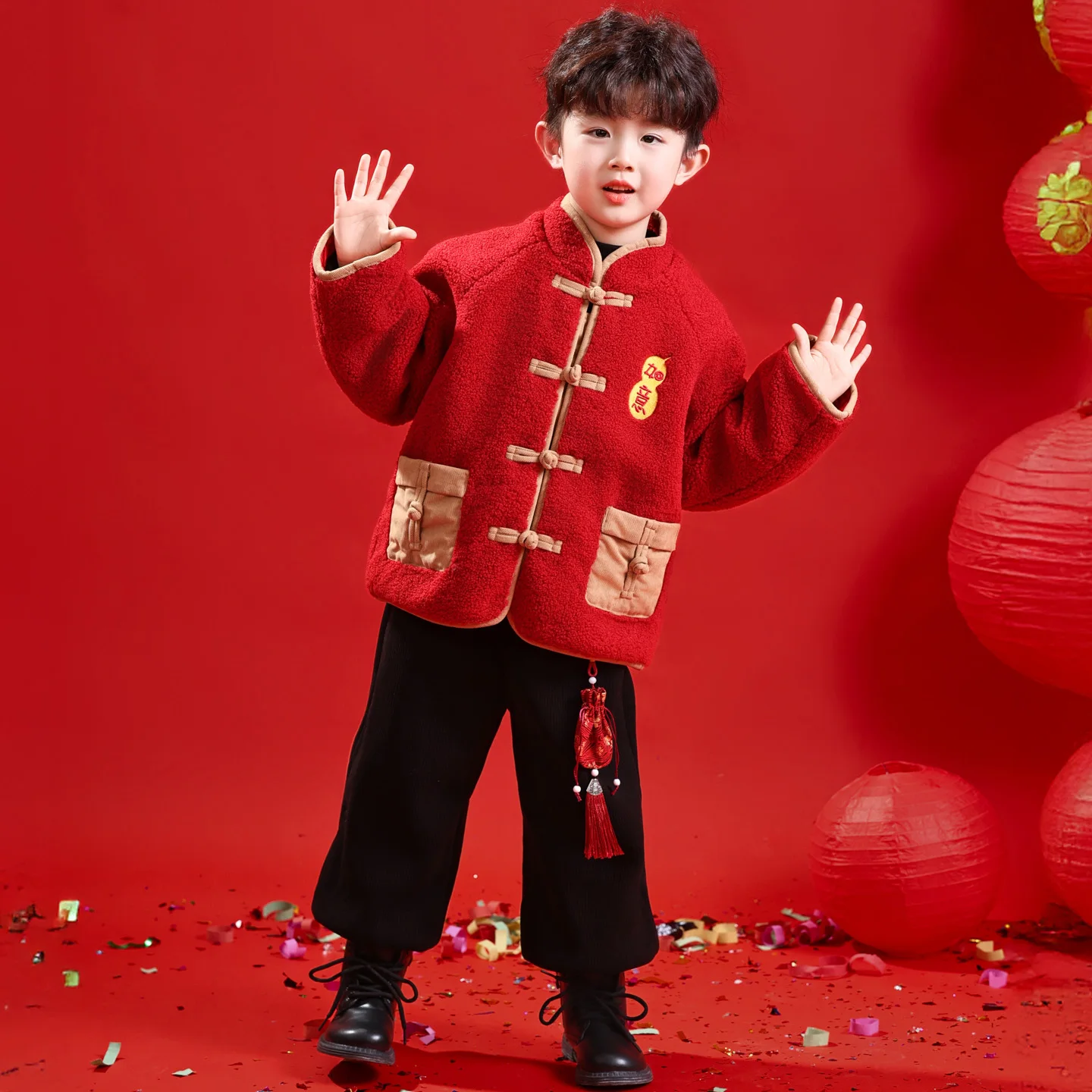 

New Chinese Sle Children's New Year Clothes Winter Jaet And Pants Set Boys' Traditional Costume Cotton And Recycled Fiber
