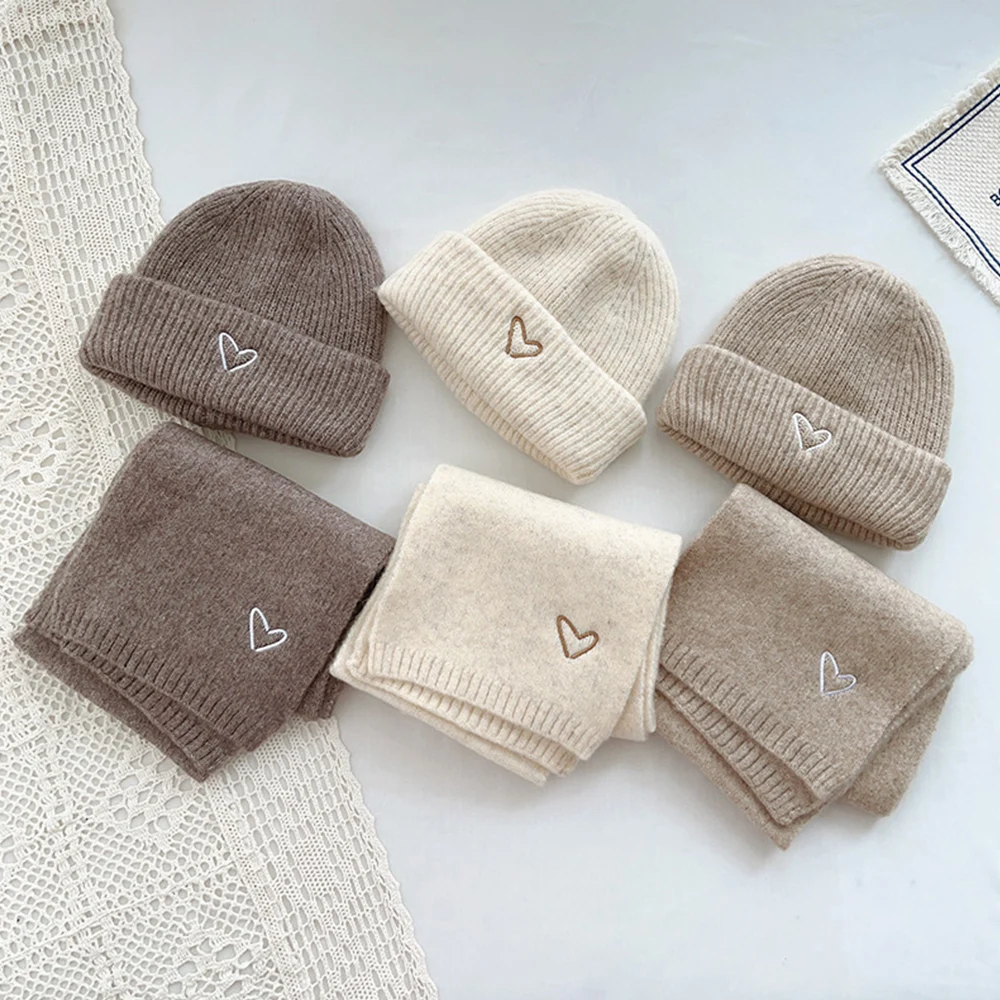 Embroidery Baby Knit Scarf Hats Winter Children Thick Soft Crochet Set Warm Beanie Cap 2-piece set Kids Korean Outdoor Warm Hat