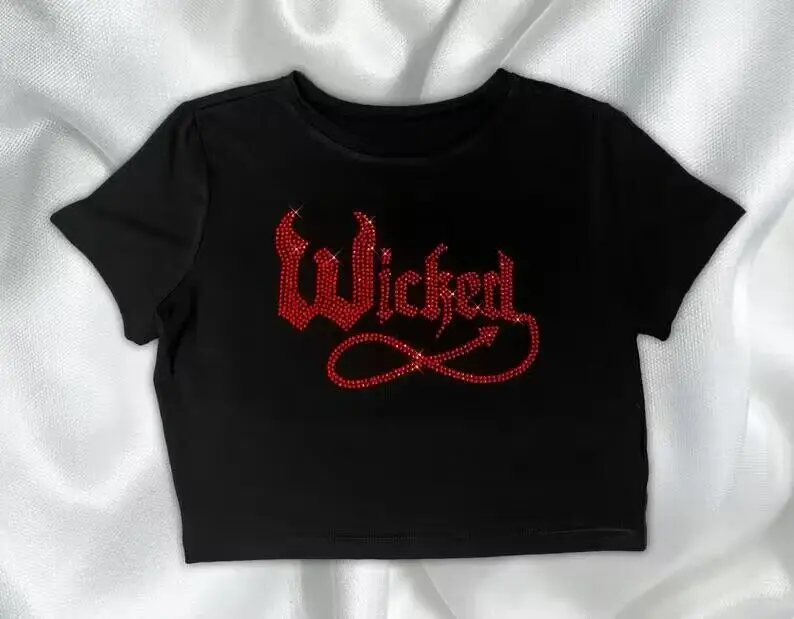 Rhinestone Wicked Devil Tail Graphic Y2k Gothic Sexy Retro Harajuku Summer Women Party Club Slim Short Sleeve Crop Top T Shirts