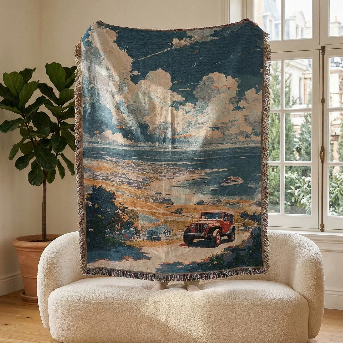 Amalfi Coast Pattern Fringed Throw Blanket Retro Lemon Tree Themed Woven Couch & Bed Blanket Bedroom Decorative Throw Tapestry