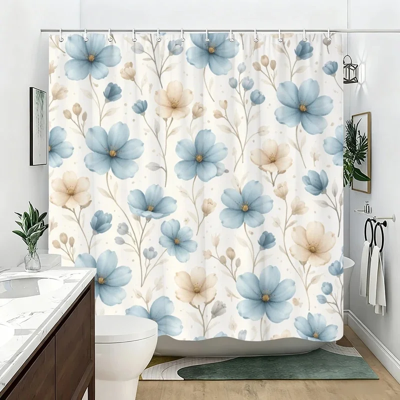 VIKAMA Blue Floral Diamond Shower Curtain, Golden Leaf Heart Gem Print Waterproof Polyester Washable Bathroom Decor Curtain