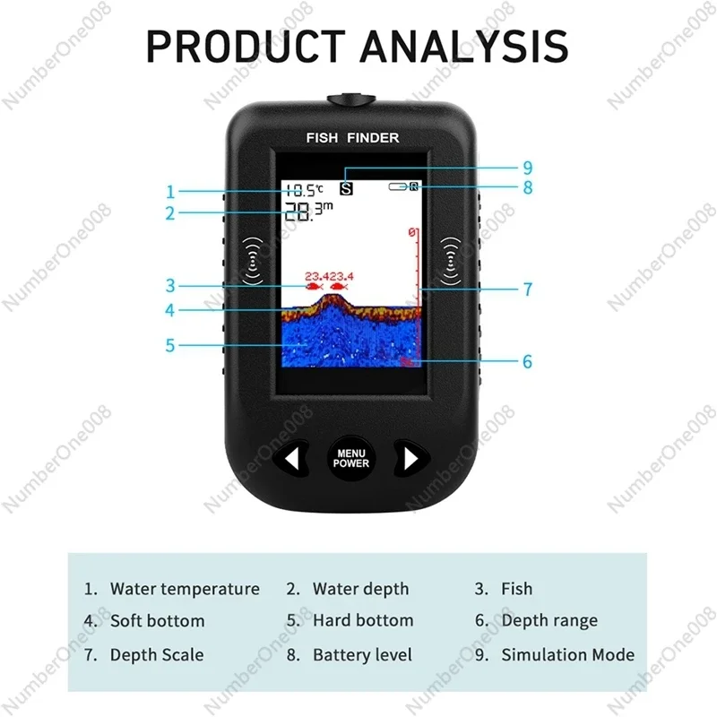 Portable Water Depth Sounder Temperature with Wire Sonar Sensor Transducer for Fishing Black