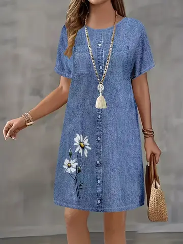 Women's Daisy Print Faux Denim Midi Dress Summer Casual Short Sleeve Fake Button Front A Line Flowy Sundress Beach Vacation