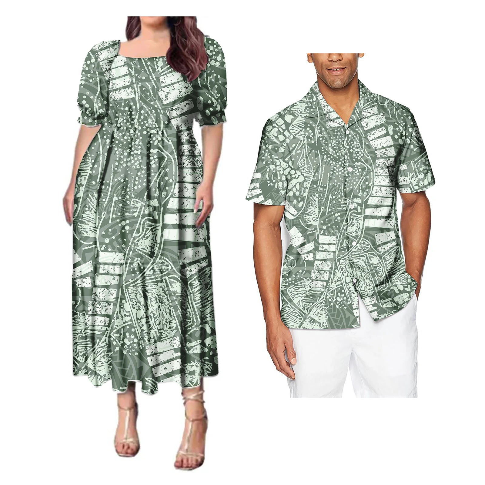 Paar Outfit Sets Dames Avondjurken Polynesische Patroon Ontwerp Klassieke Heren Hawaiiaanse Shirts Overeenkomen Met Vrouwen Plus Size Jurk