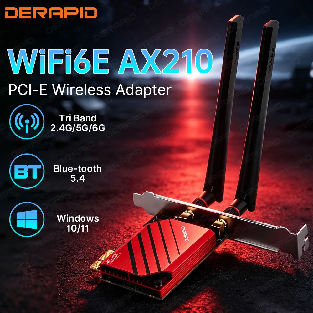 

AX210 WiFi 6E PCIe Wireless Adapter BT 5.4 Tri Band 802.11ax 2.4G 5G 6G MU-MIMO Network Card for Win10 Win11 PC Desktop