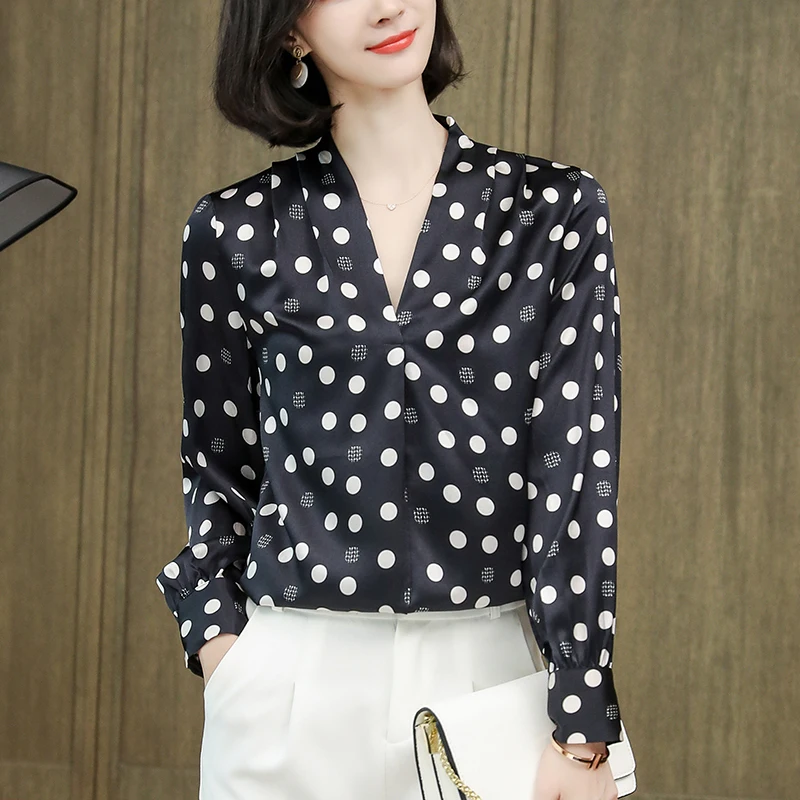 

New Elegant Shirts for Women Fashion Blouses V-neck Long Sleeve Print Blouse Real Silk Woman Satin Shirt Tops Spring Autumn