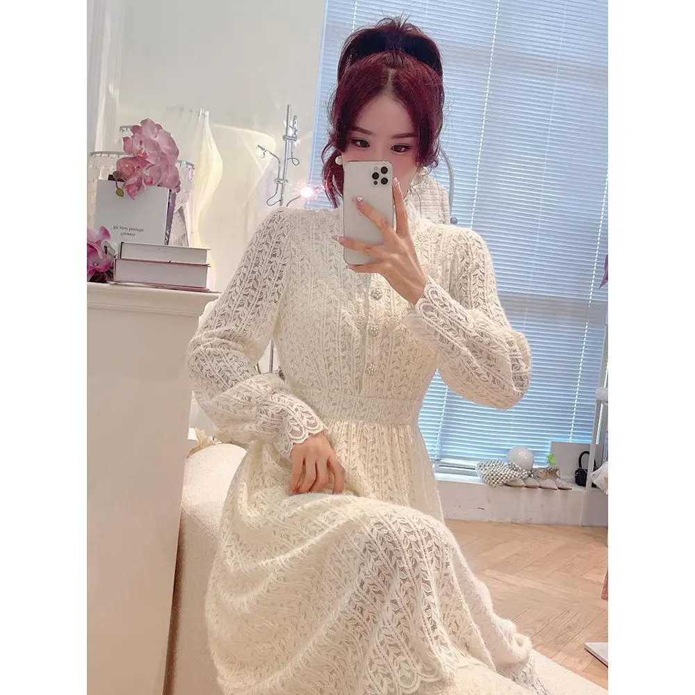 

Elegant Lace Floral Dress for Women Robe Spring 2024 New Fashion Vintage Lantern Sleeve A Line Party Long Dresses for Women V292