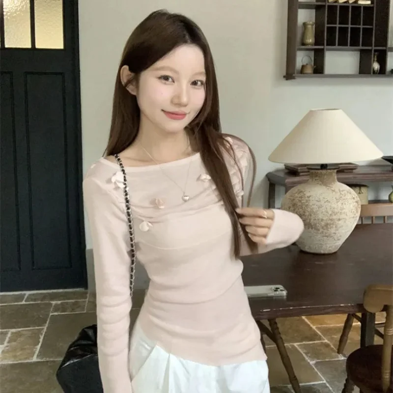 

Y2k 3d Flower Irregular Knitted Tops Women 2025 Autumn Sweet Folds Long Sleeve Waisted Pullover Slim Fit Short Sweater