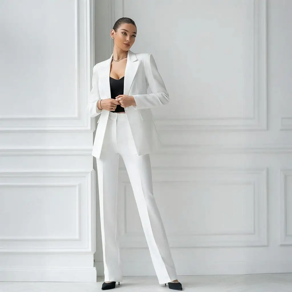 White Women's 2 Piece Suit Set Single Button Business Blazer Casual Daily Office Work Outfits Elegant Pantsuit Set Customize