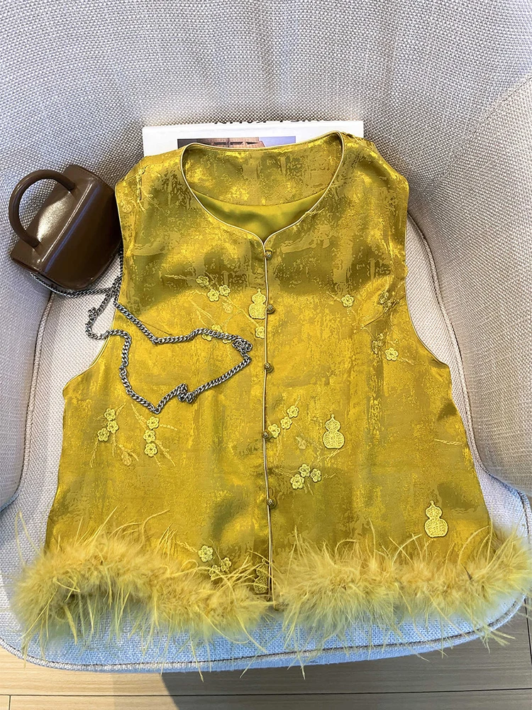 

Элегантный женский жилет в китайском стиле, осенняя новинка 2025 года, с вырезами на плечах, из высококачественного полиэстера, для повседневной носки