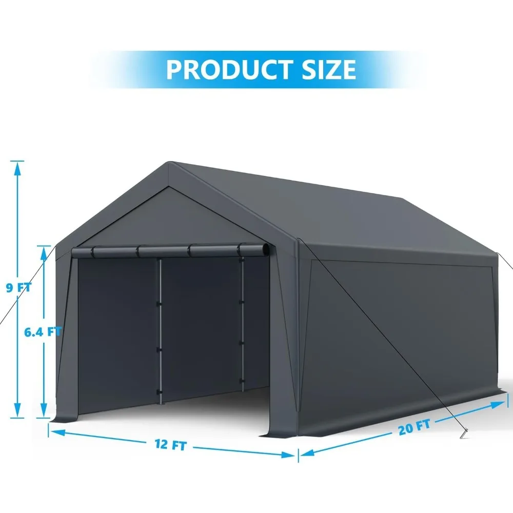 12x20FT Carport Garage with Removable Sidewalls and Doors, UV Resistant Waterproof, All-Season Tarp, Heavy Duty Carport Garage