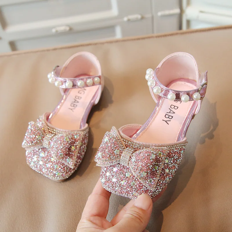 

Princess Girls Sandals 2023 Summer New Pink Silver Bow Sequins Rhinestones Dance Shoes Fashion Chldren's Sandals H160