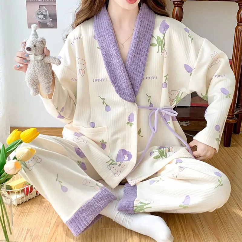 2024 New Thicken Air Cotton Confinement Clothing Women Large Size V-neck Nursing Pajamas Set Casual Comfortable Homewear Suit