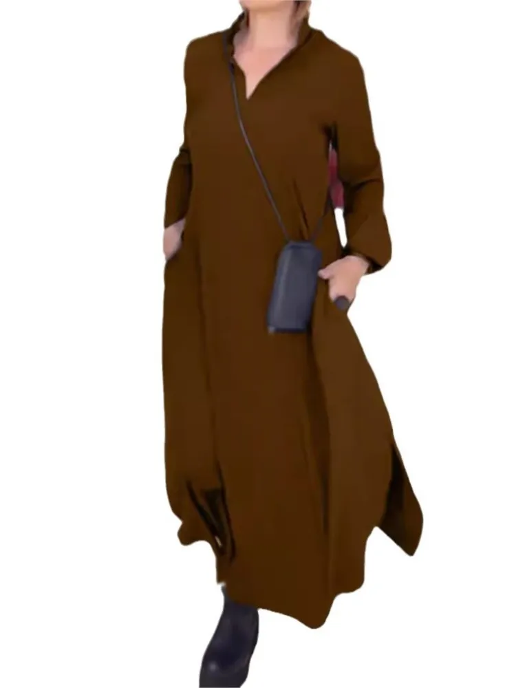 New Autumn And Winter Casual Solid Color V-neck Long-sleeved Pocket Dress For Women Fashion Elegant Black Loose Dresses Femme