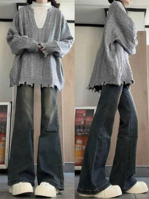 

High Waist Bell Bot Jeans Women's plus Size Slimming Elastic Straight Leg Hoof Pants Autumn New Sle Faionable