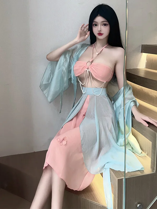 Retro Dress Chinese Robe Sheer Transparent Women's Sexy Ancient Style Hanfu Cheongsam Uniform Dress Elegant Sexy Women Tops F8PB