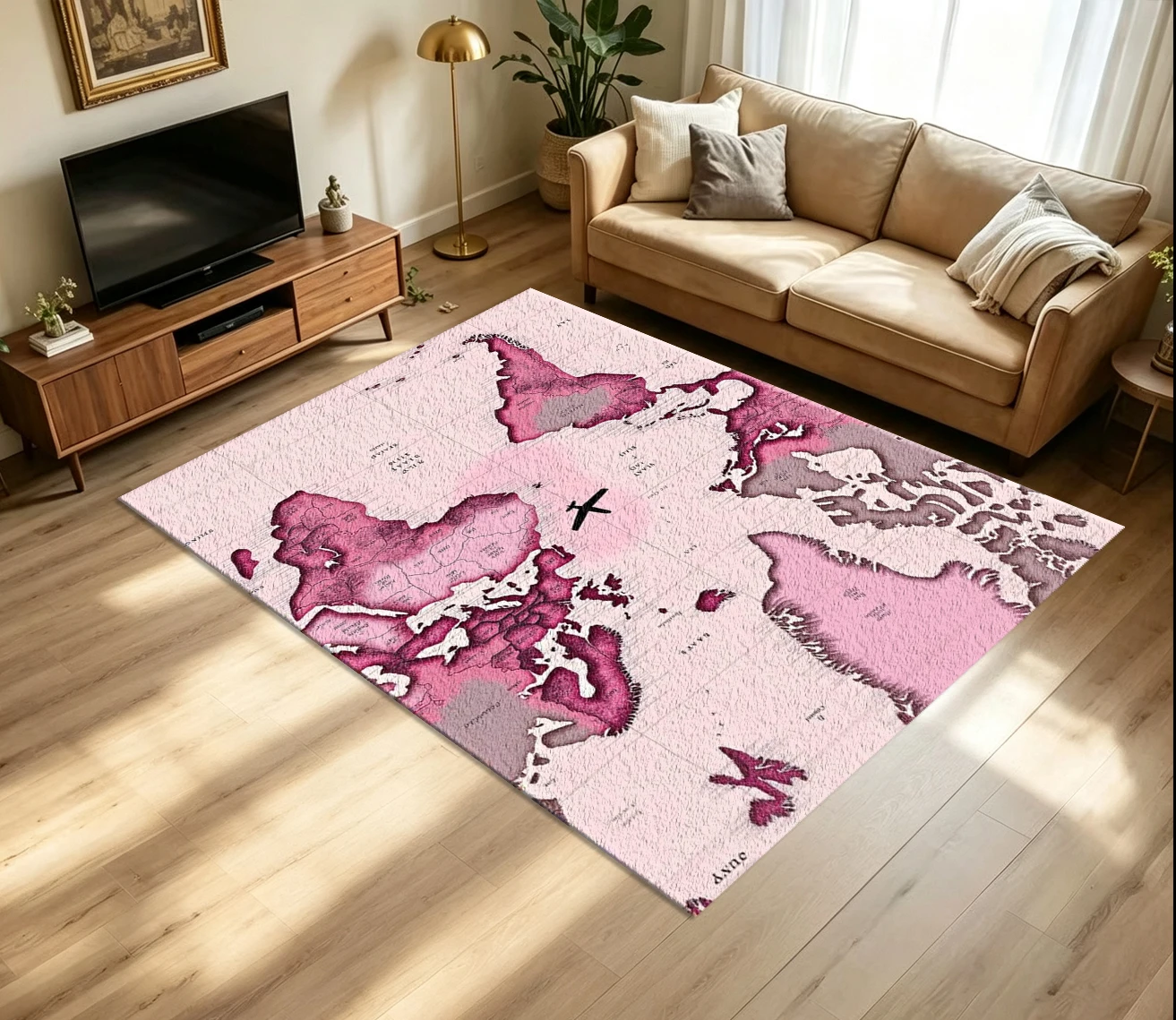 Vintage Fantasy World Map Carpet Flooring Pink Tone Abstract Continent Aircraft Element Printed Floor Rug for Household Indoor Art Home Decoration