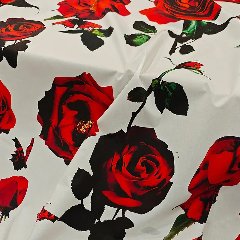 Red Rose Print Pattern DIY High Quality Pure Cotton Clothing Fabric Brand Spring Summer Runway Women\'s Dresses Fabric Cloth