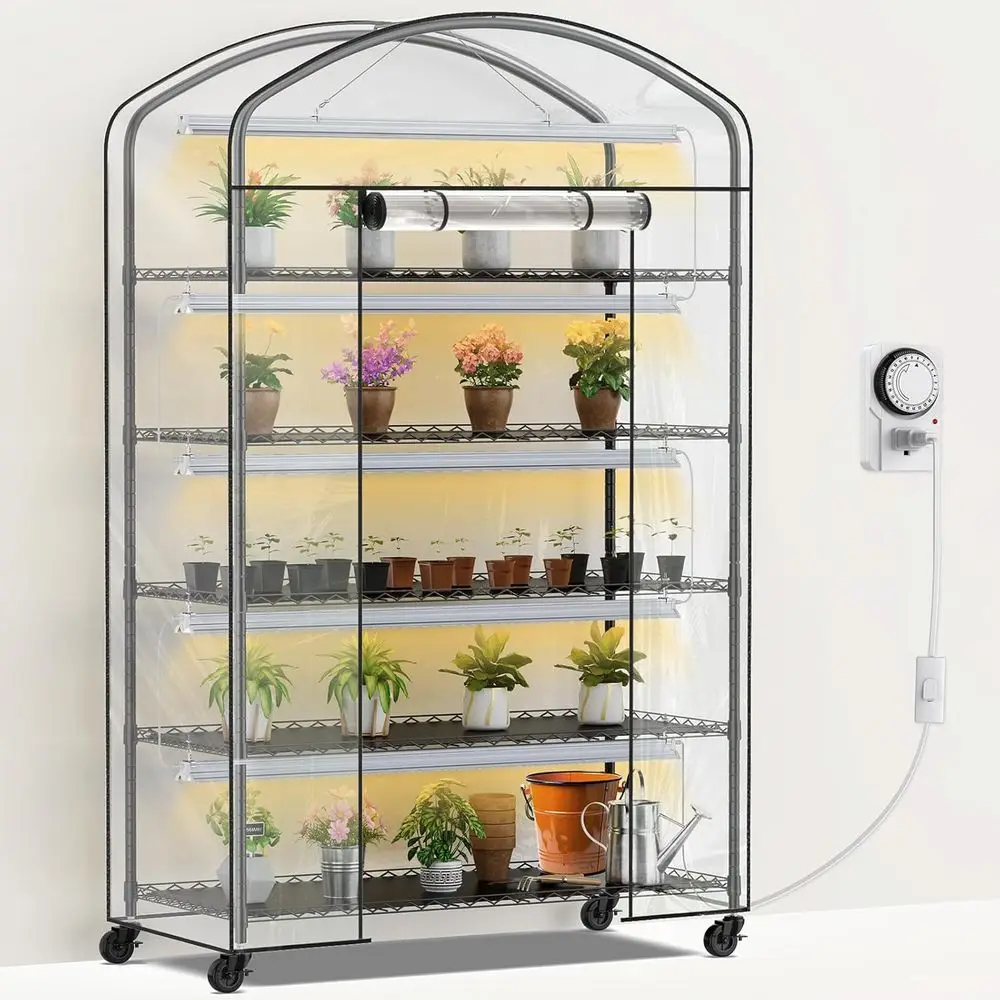 

5-Tier Adjustable Metal Plant Stand with Grow Lights, PVC Cover, and Wheels, 2900K Full Spectrum, 21x49x80