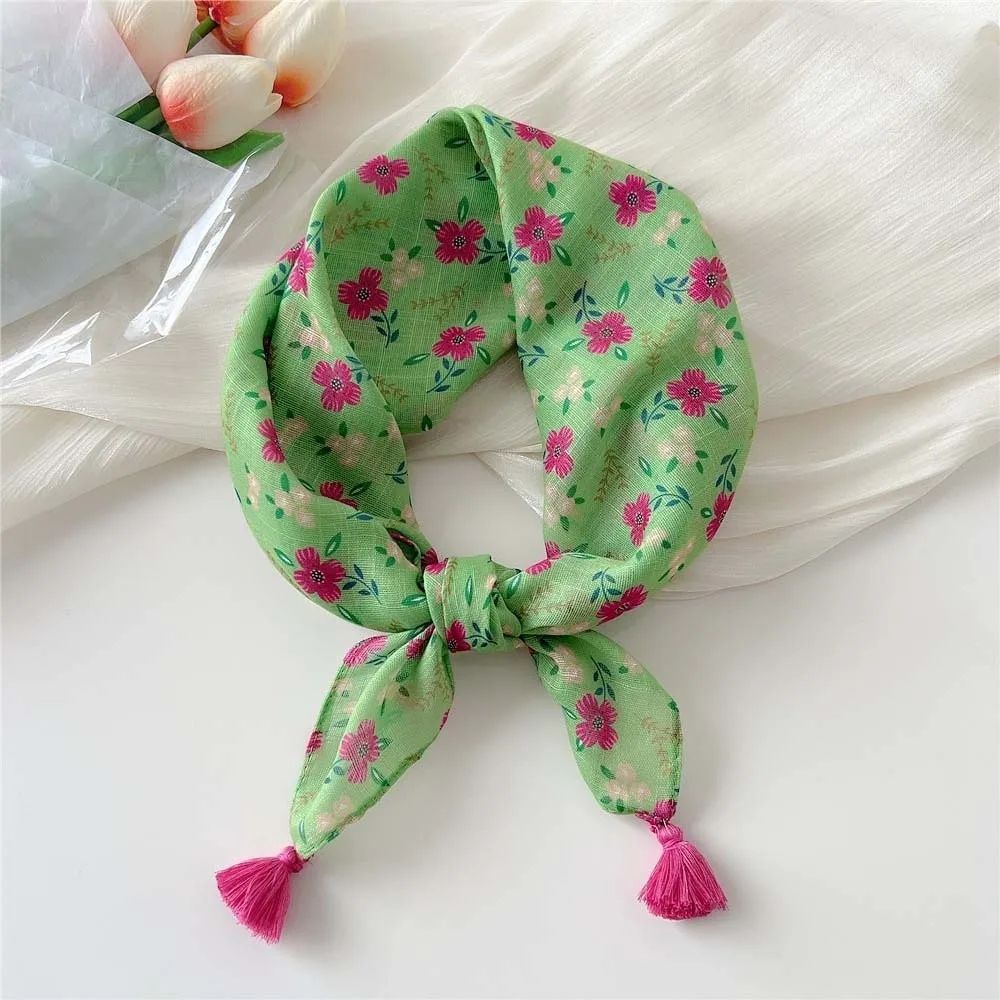 

Tassel Muffler Cotton-Linen Square Scarf Fringed Breathable Floral Kerchief Cherry Print Soft Texture Neck Neckerchief Travelers
