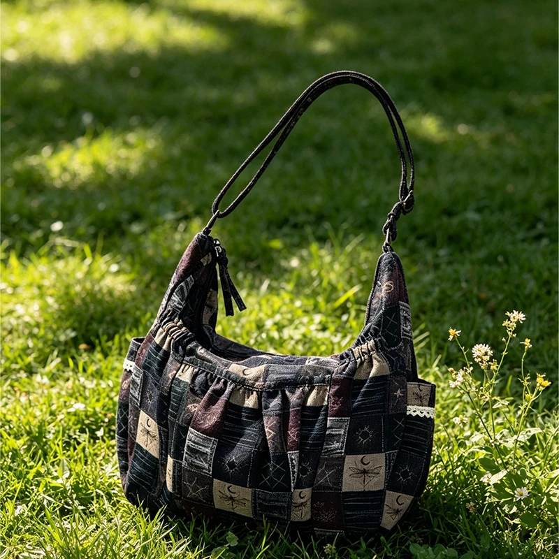 Sonnen-Mond-Stern-Print Patchwork Canvas Schultertasche, Vintage Handtasche mit Reißverschluss, Damen Pendler-Arbeitstasche Retro Leichte Tragetasche – Detail 9