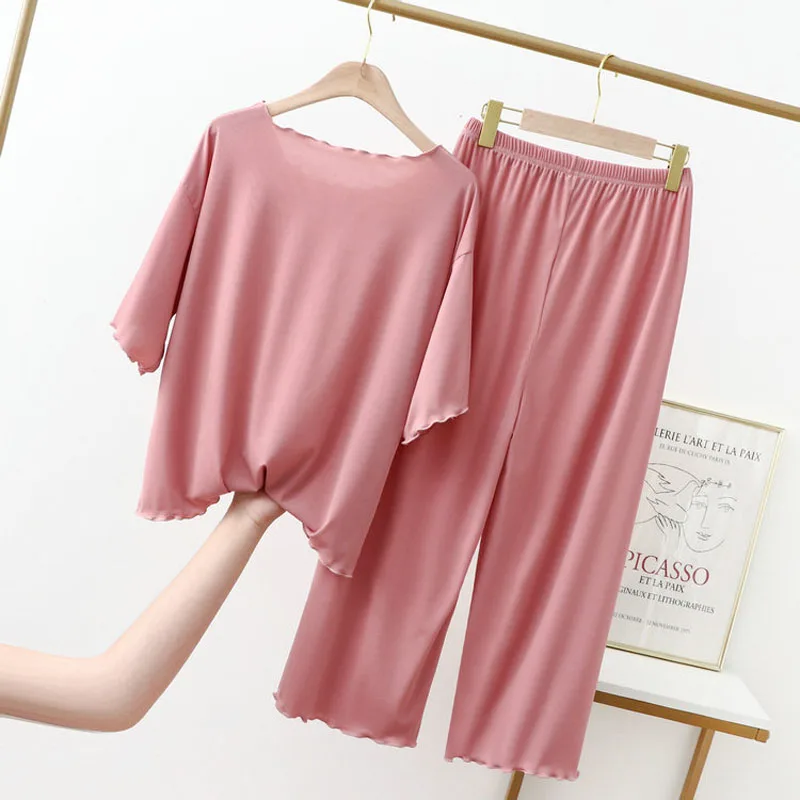 Ruffled Ice Silk Women's Plus Size Cropped Wide-Leg Pants  Short Sleeve Set - Summer Casual Loungewear and Pajamas