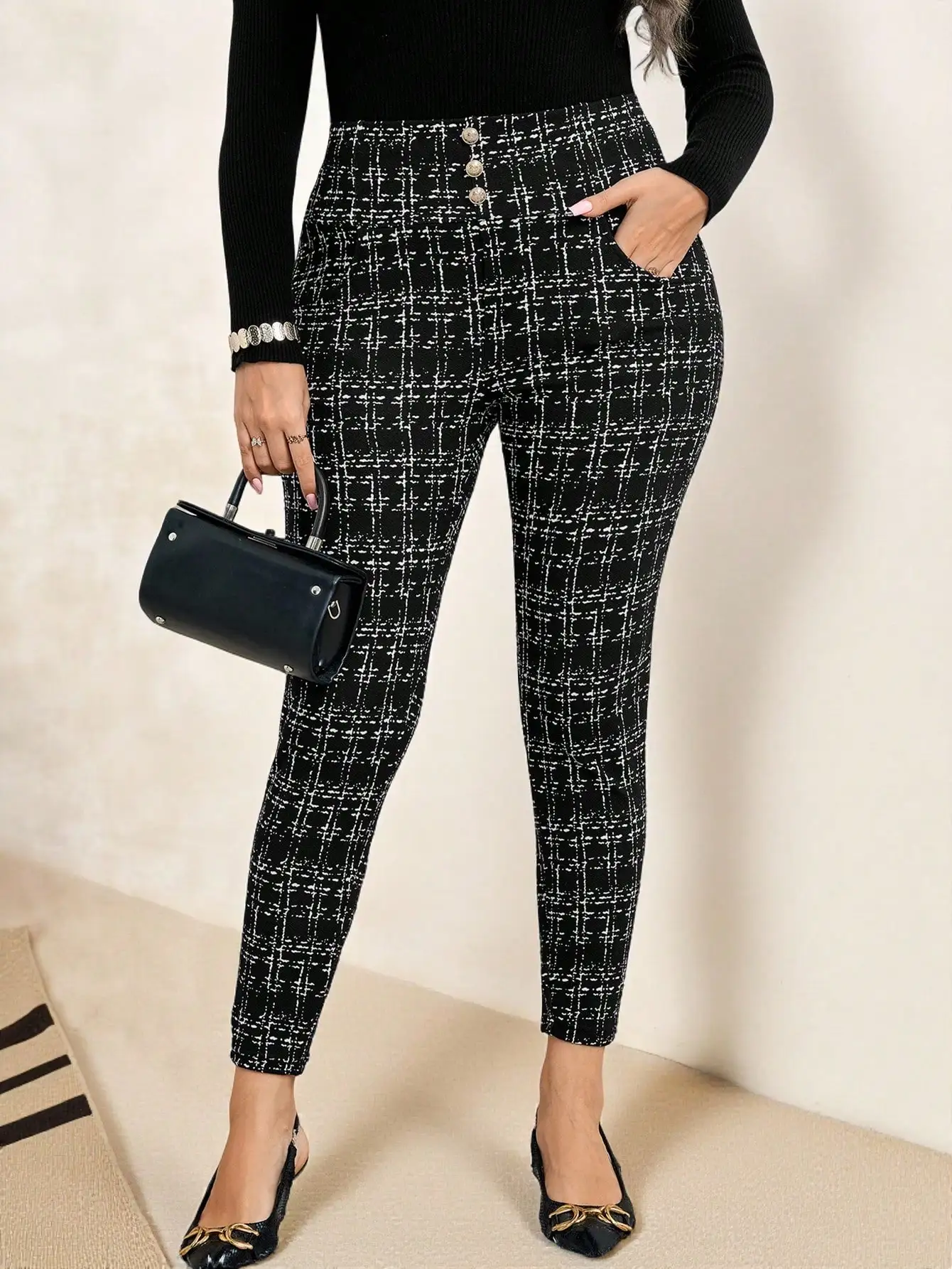 

Повседневные брюки с высокой талией и пуговицами спереди, с клетчатым принтом, высокой эластичностью и облегающим кроем для женщин