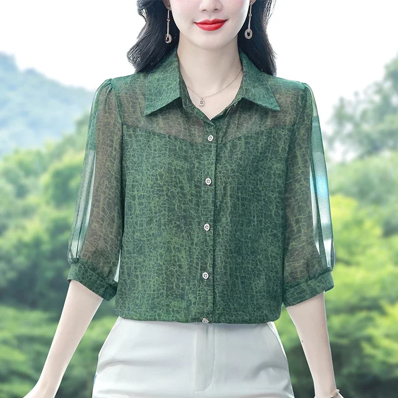 

Women Green Sheer 3/4 Sleeve Shirt Elegant Summer Casual Loose Fit Blouse