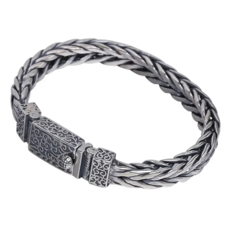 New Silver Color Chinese Trendy Men\'s Personalized Hand-woven Twist Buckle Bracelet Retro Ethnic Style Chain Jewelry Accessories