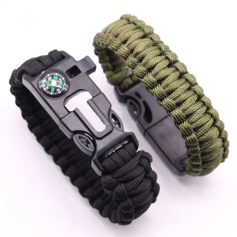 Bracciale di sopravvivenza multifunzione per esterni, emergenza militare, cinturino in paracord da 4 mm, raschietto, fischietto, strumenti con fibbia