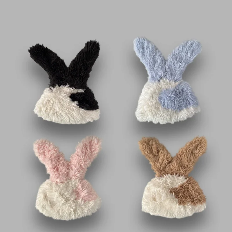 Japanese Cute Plush Spotted Big Ears Rabbit Hats for Women Autumn and Winter Ear Protection Warm Sweet Beanies Caps Skullies