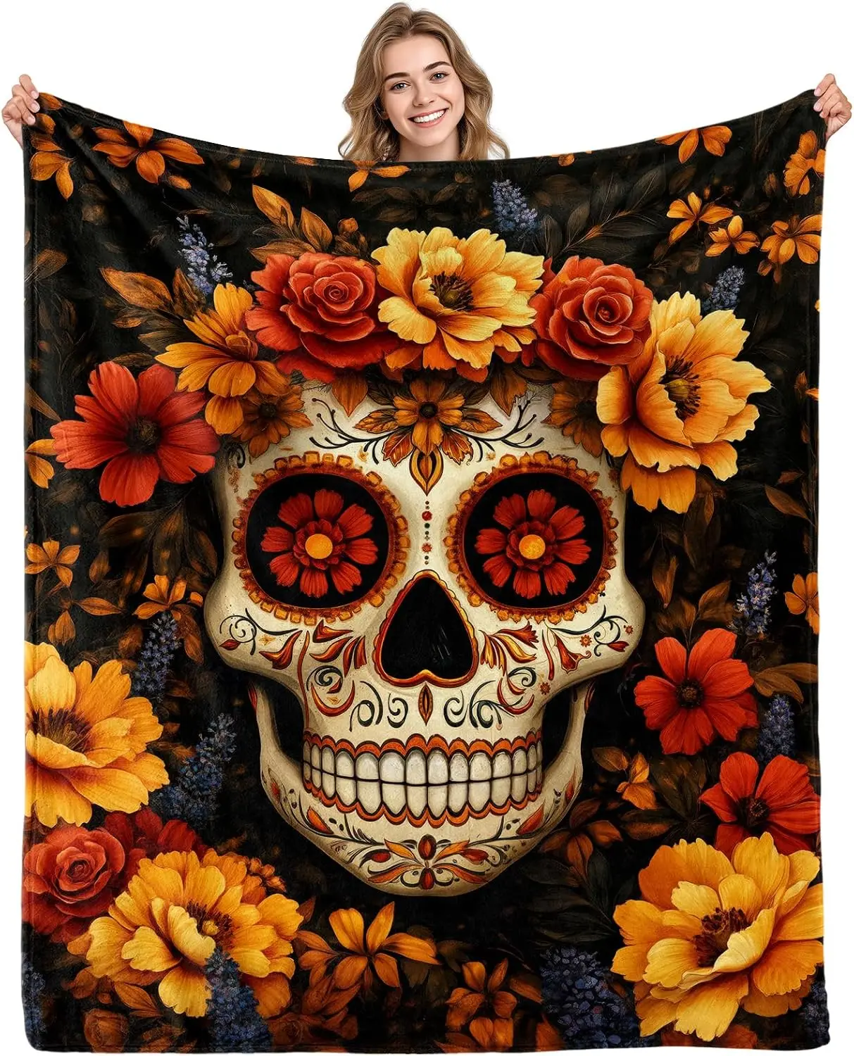 Aimego Sugar Skull Throw Blanket Gifts for Women Halloween Skull Throw Blanket Gothic Skeleton Day of The Dead Blankets and Throws for Couch Sofa Bed for Kids Adult Women(50X60 Inch)