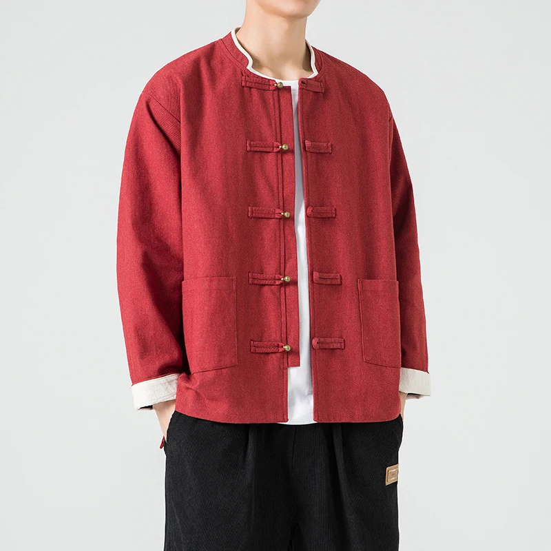 

Autumn Men's Casual Loose Fit Knitted Jaet Pure Color Copper Button Decorated Traditional Chinese Sle Youth Faion Outer...