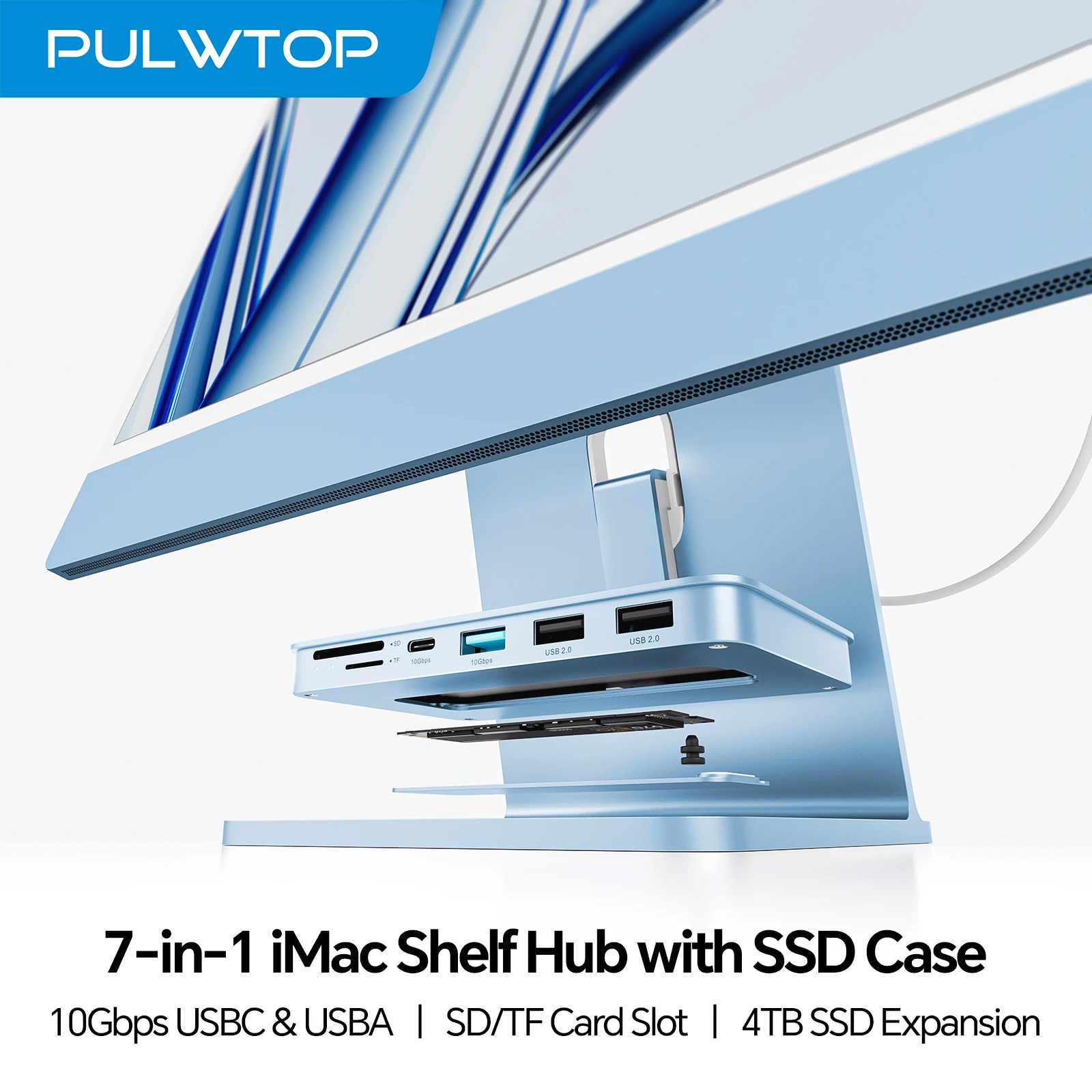 

PULWTOP iMac Accessories for iMac24 inch M1/M3/M4 or Studio Display 27 inch, with M.2 NVMe SSD Enclosure, USB A/C 10Gbps, SD/TF