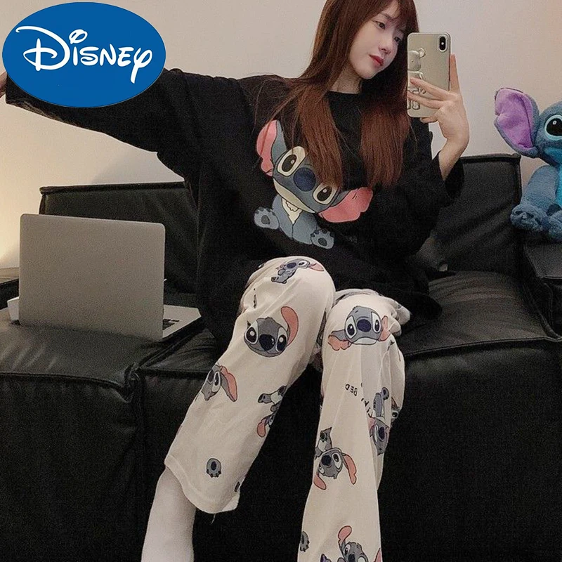 Hot Disney Stitch Pajamas Leisure Wear Anime Lilo & Stitch New Long-Sleeved Trousers Two-Piece Set Women Girl Home Wear Autumn