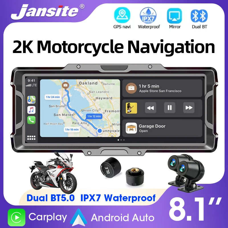 8.1 inch Motorcycle 2K DVR Carplay GPS Navigation For Wireless Carplay Android Auto Dual BT 5.0 IPX7 Waterproof Moto Display