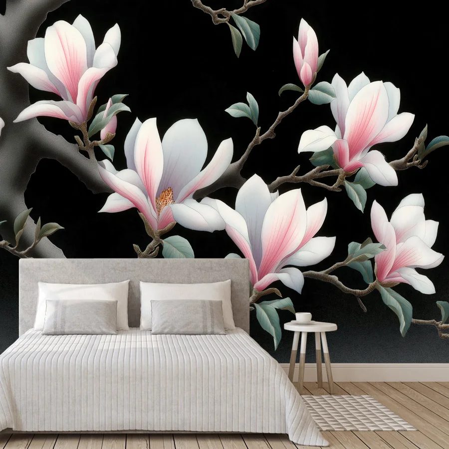 Self Adhesive Optional,18+ Nature Spring Petals Branch Botanical Floral Black Style Wallpaper for Living Room Home Decor Mural