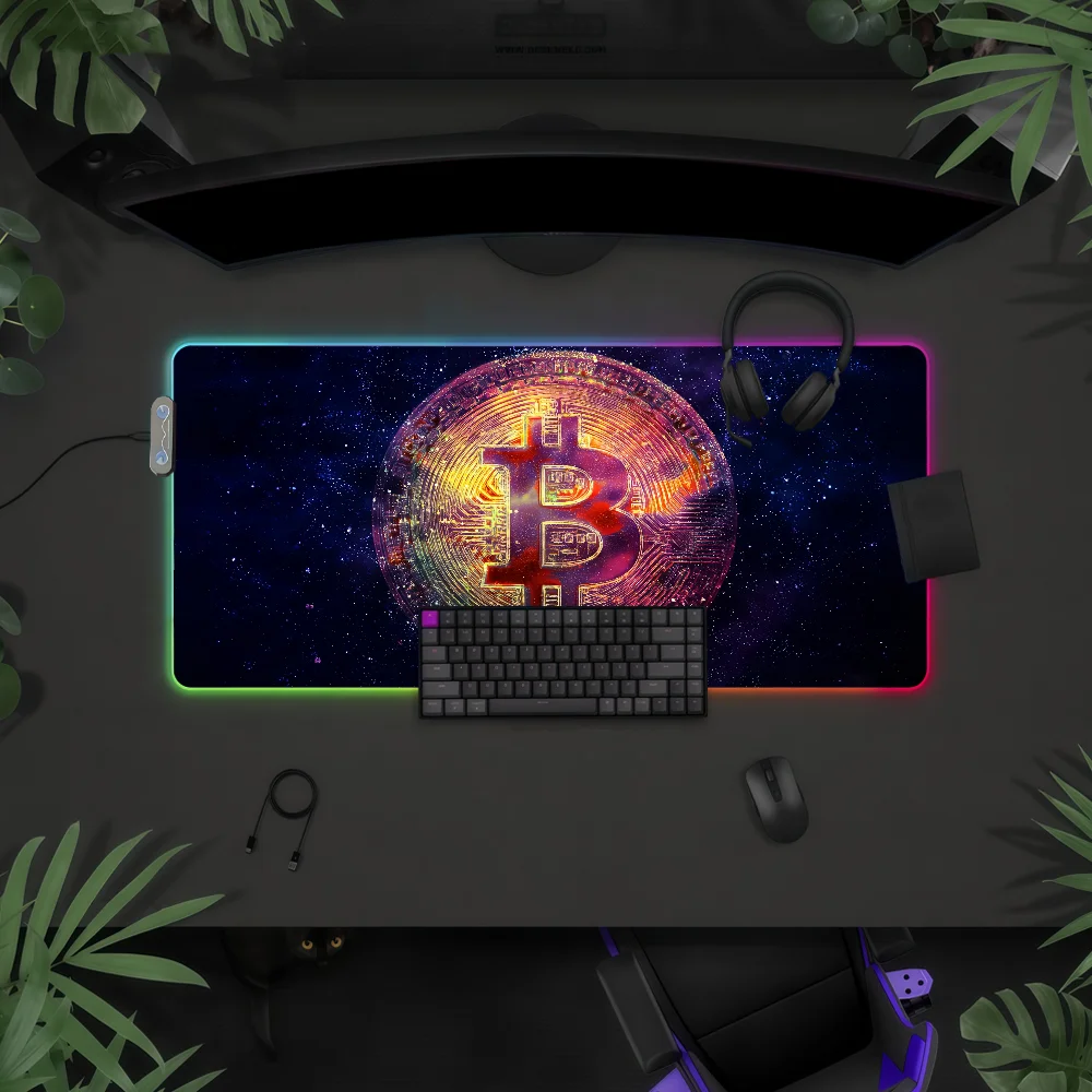 Art Bitcoin Finance Mouse Pad RGB LED Light Colorful Game Keyboard Non-slip Cover Desk-mat Surface Waterproof