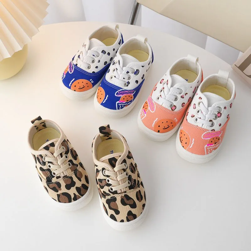 Autumn Children Canvas Shoes Boys Leopard Print Low-top Shoes Girls Fashion Casual Shoes Baby Soft Slip-in Kindergarten Sneaker