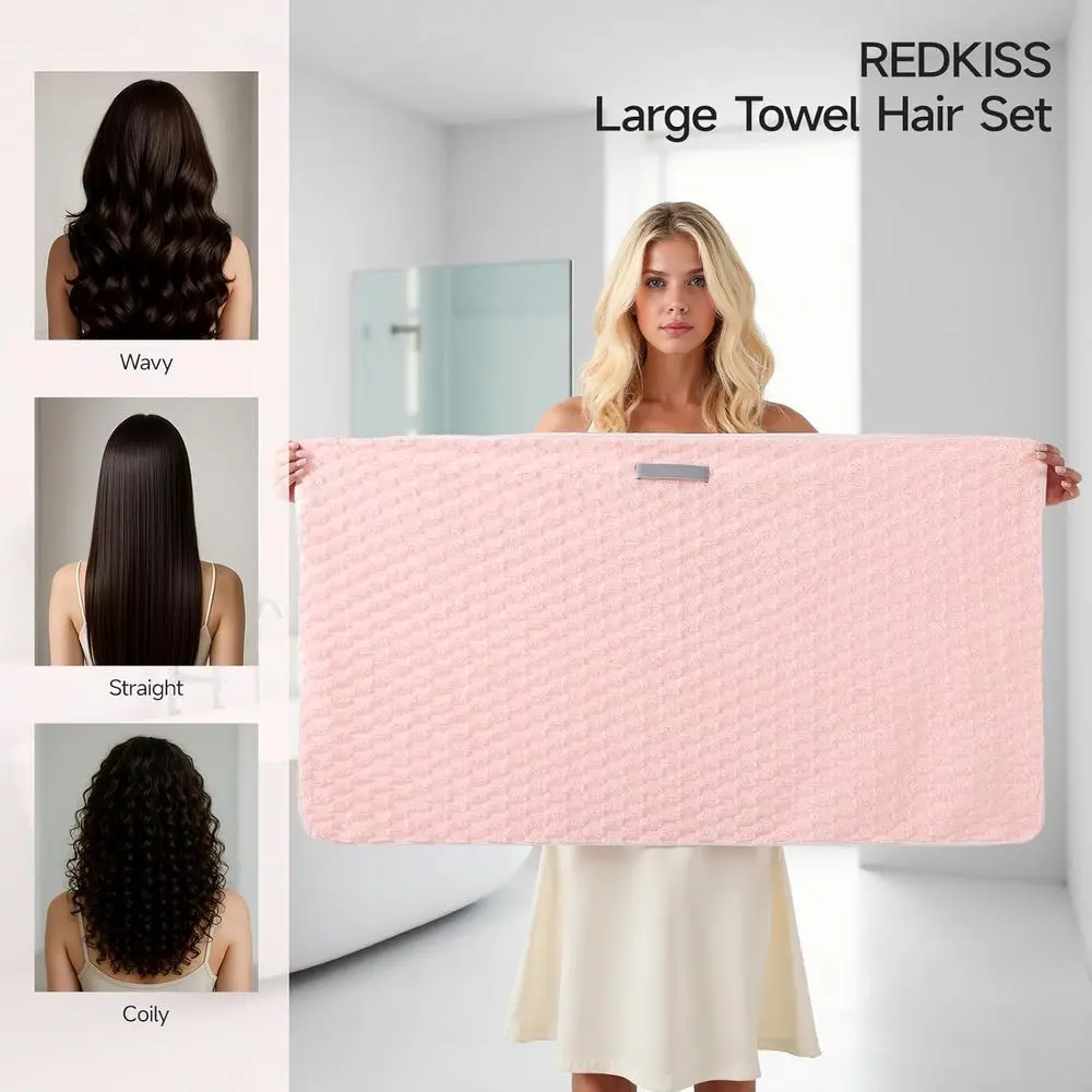 Extra Large Hair Towel Set - 24x42 inch Wraps with Elastic Strap for Long, Thick, Curly Hair
