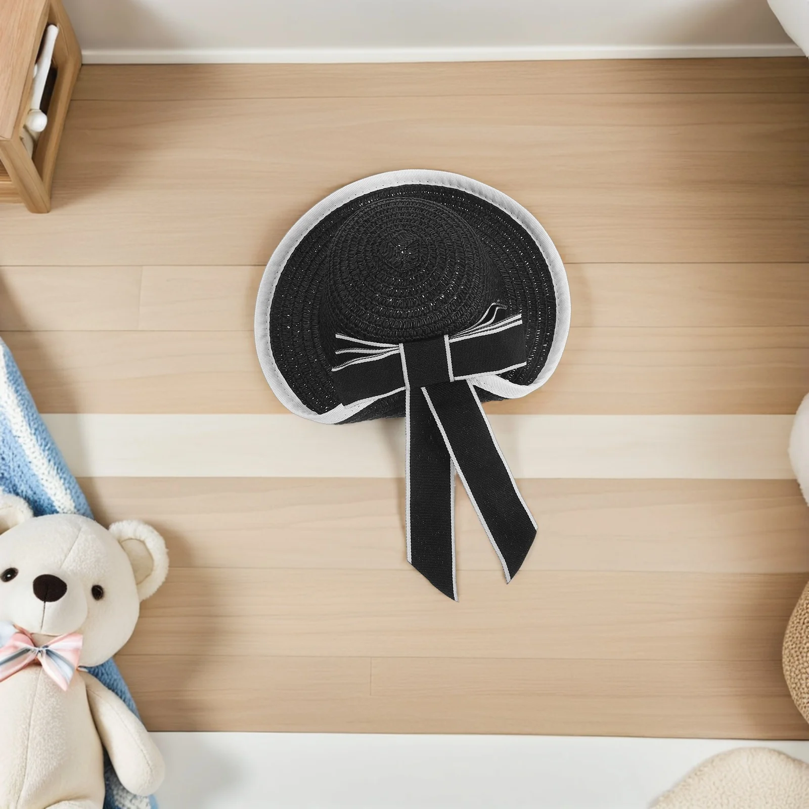 หมวกฟางจิ๋วพร้อมริบบิ้นลูกไม้ เนื้อสัมผัสสมจริง สำหรับตกแต่งบ้านตุ๊กตา งานประดิษฐ์ ของตกแต่งขนาดเล็ก