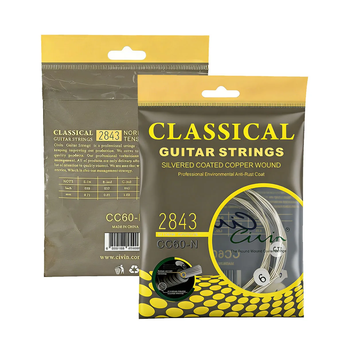 Civin CC60-N Klassische Gitarrensaiten - Normale Spannung, Klares Nylon & Versilbertes Kupfer, 028-043, 6 Stück, Anfängerfreundlich