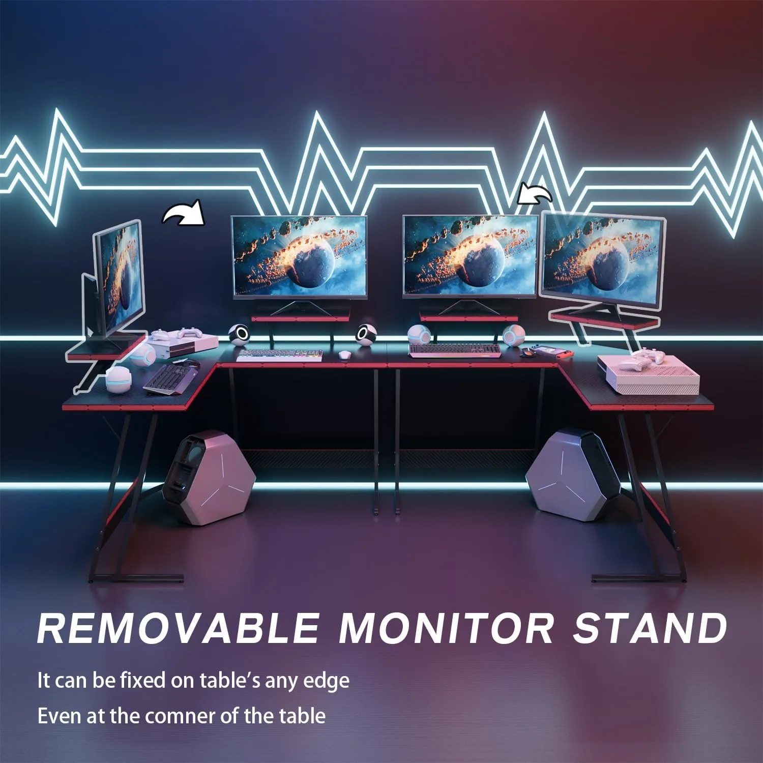 L Shaped Gaming Desk Computer Corner PC Desk Table with Large Monitor Riser Stand for Home Office Writing Workstation (47 Inch)